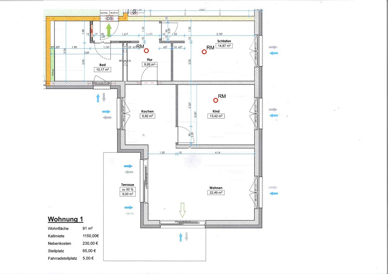 Grundriss Wohnung 1 – EG, 3-Raum-Wohnung, 91 m² – Mittelstraße 24