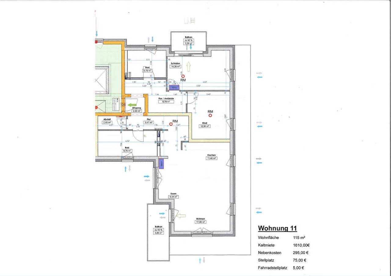 Grundriss Wohnung 11 – 3. OG, 3-Raum-Wohnung, 115 m² – Mittelstraße 24