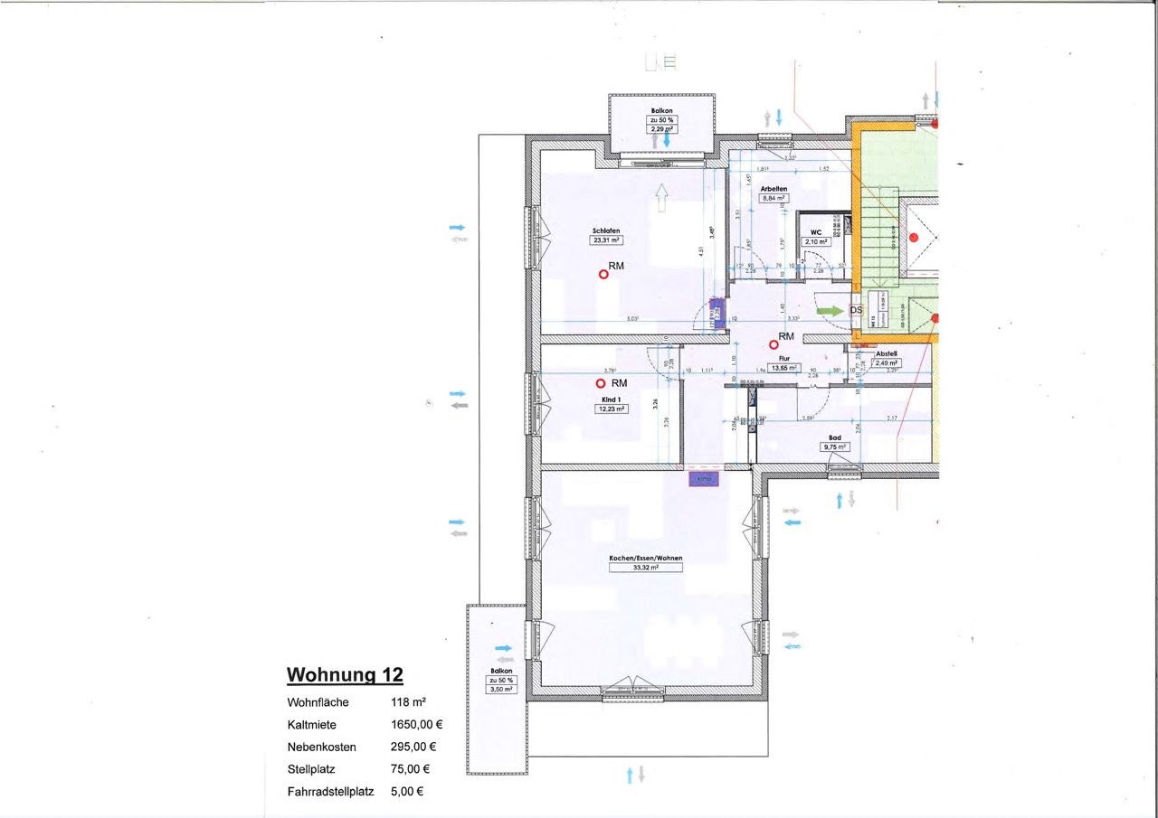 Grundriss Wohnung 12 – 3. OG, 3-Raum-Wohnung, 118 m² – Mittelstraße 24