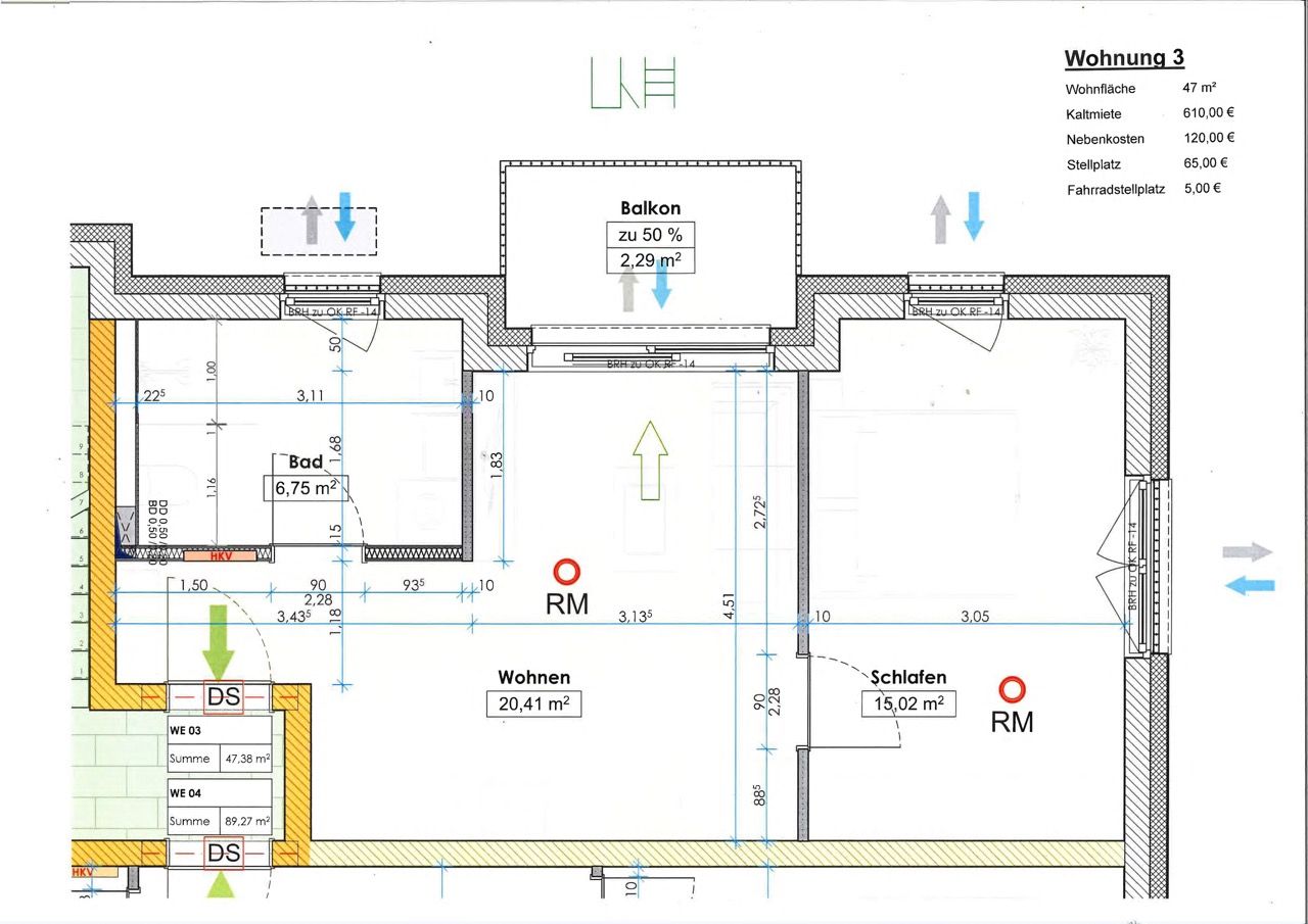 Grundriss Wohnung 3 – 1. OG, 2-Raum-Wohnung, 47 m² – Mittelstraße 24