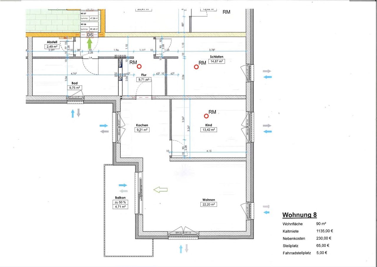 Grundriss Wohnung 8 – 2. OG, 3-Raum-Wohnung, 90 m² – Mittelstraße 24